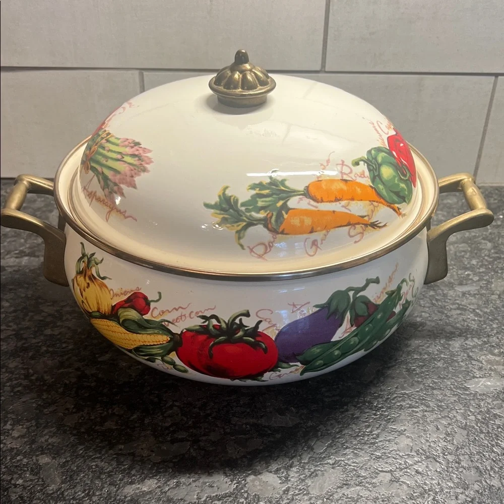 Farmers Market Vegetable Design Enamel Casserole Pot with Lid. Brass handles